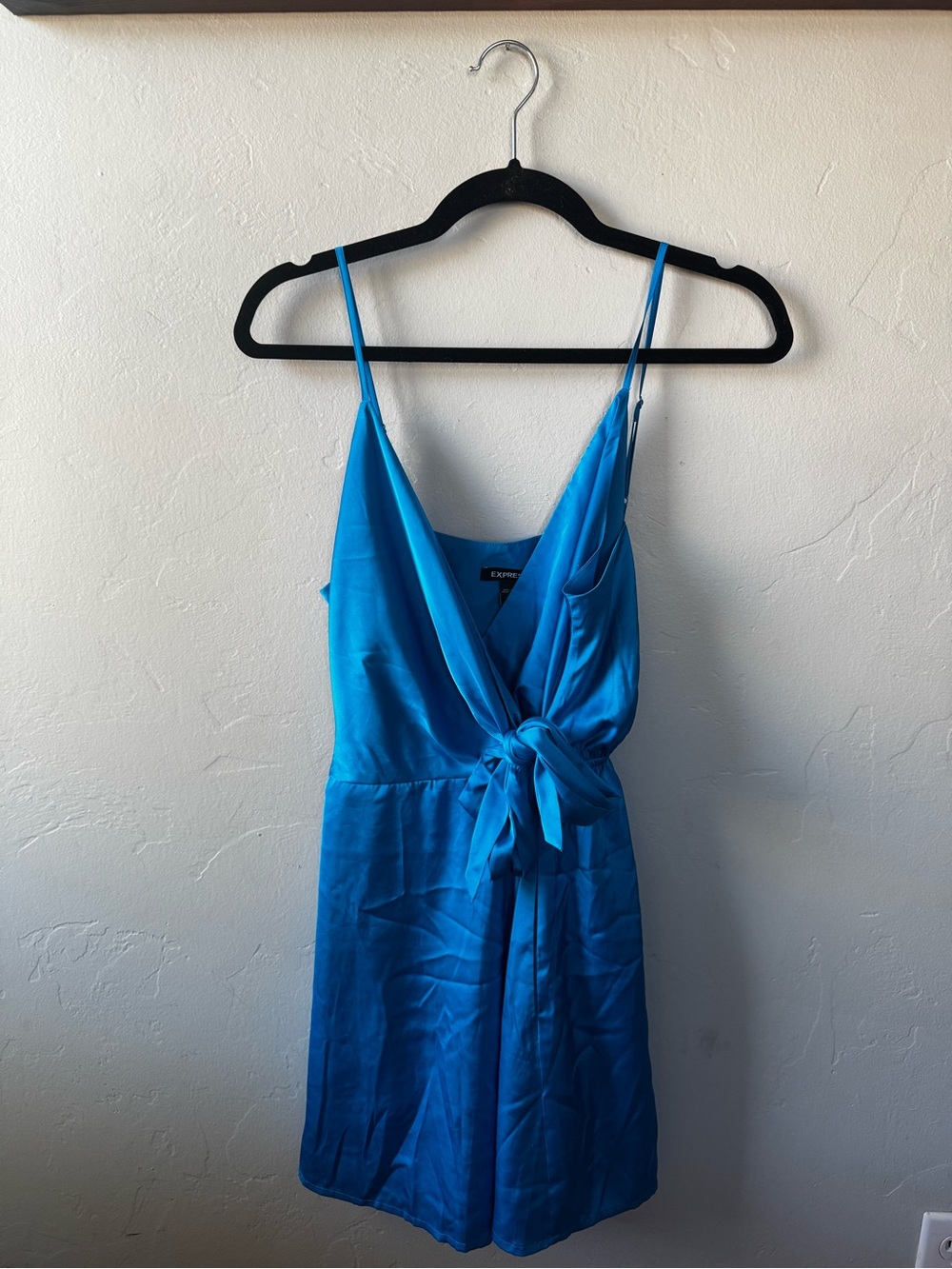 Express Electric Blue Satin Wrap Romper with Tie